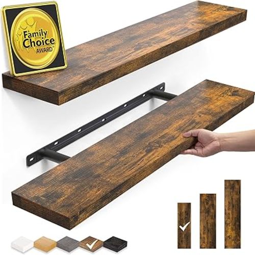 BAYKA Floating Shelves, 22.5" Rustic Wood Wall Mounted Shelves for Bathroom, Bedroom, Living Room&Kitchen, Hanging Display Shelf with 22 lbs Capacity, Fall Home Decor Shelves (Rustic Brown, Set of 2)