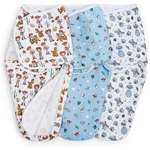 aden + anais Essentials Easy Swaddle Wrap Quick Change with Bottom Zipper, Snug Cotton Knit Baby Wrap Swaddle Blanket for Newborns, TOG 1.0, 3-Pack, Toy Story, 0-3 Months, Small/Medium