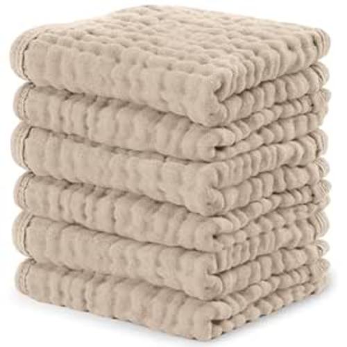 Comfy Cubs Muslin Baby Washcloths 6 Pack - Soft 6-Layer Cotton Wash Cloths for Sensitive Skin - 10"x10" Large, Gentle, Absorbent Infant Essentials for Newborn and Toddlers - Sand