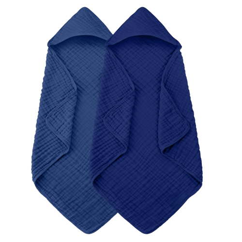 QHFBli 2PC Baby Bath Hooded Towel Navy Blue for 35.43Inch- 100% Muslin Cotton Bath Towels