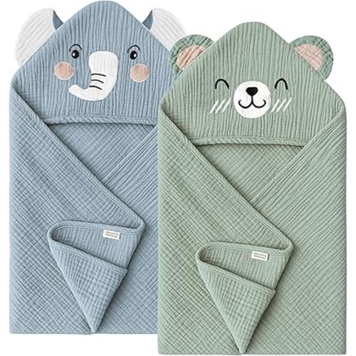 Konssy 2-Pack Muslin Baby Hooded Towels, 100% Cotton, Soft and Absorbent Baby Bath Towels for Newborn, Infant & Toddler with Animal Hooded Design(Elephant & Bear)