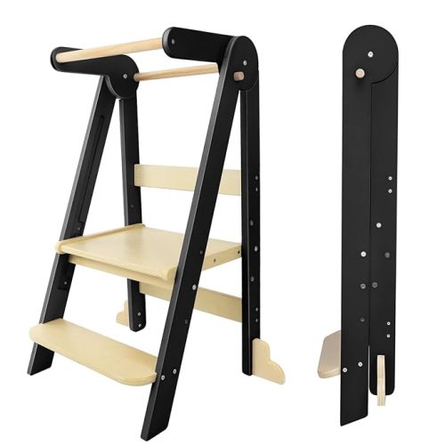 Nordi Foldable Toddler Kitchen Tower,Montessori Kitchen Stools Helper,Standing Tower with 3 Adjustable Heights,Suitable Age for 1.5-6 Years,Black
