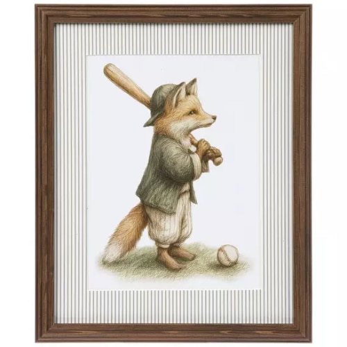 Fox With Baseball Bat Striped Wood Wall Decor
