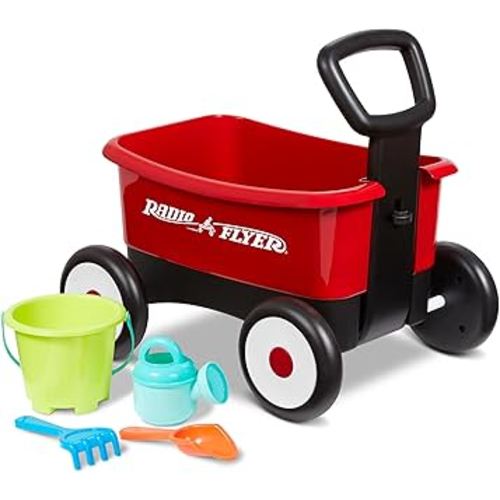 Radio Flyer My 1st Wagon 2-in-1 Walker & Pull Wagon with Beach and Garden Tools for Toddlers Ages 1-4, Red