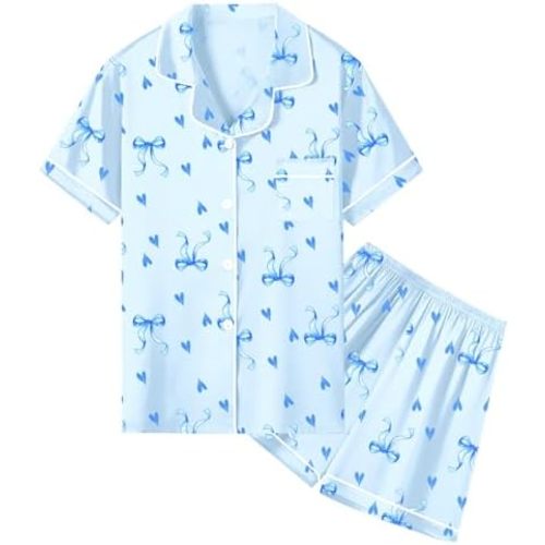 Umeyda Women & Girls Pajamas Set, Soft Satin Lightweight Silk Button-Down Top with Shorts 2 Piece PJS for Mom Boys Kids Gifts
