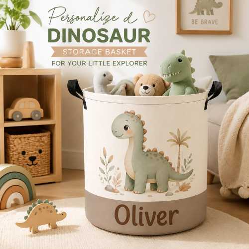 Custom Dinosaur Toy Storage Basket, Personalized Name Nursery Decor, Kids Room Organizer, Baby Shower Gift, Toddler Room Storage Bin