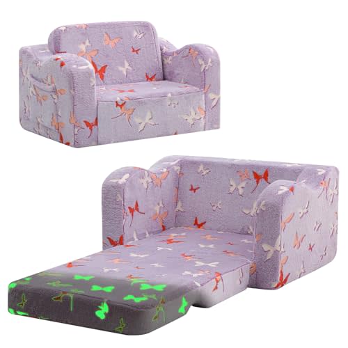 MeMoreCool Glowing Butterfly Kids Chair, 2-in-1 Foldable Kids Couch for Girls, Glow-in-the-Dark Lavender Sofa with Fold-Out Recliner, Cushioned Foam Kids Furniture for Playroom Playroom, Washable