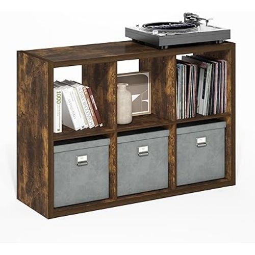 Furinno Cubicle Book Shelf, 6-Cube Bookshelf, Extra Thick Frame Horizontally & Vertically Reversible Bookcase with Open Back, 14.6" x 44" x 30", for Living Room, Bedroom, Home Office, Amber Pine