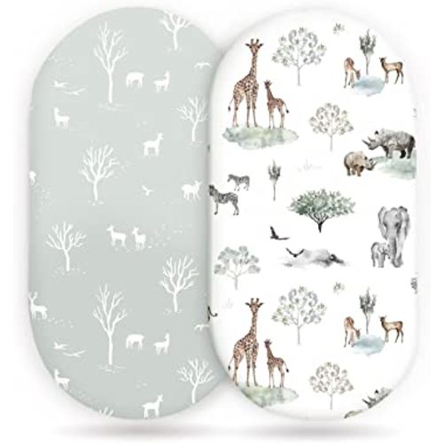 Stretch Ultra Soft Fitted Bassinet Sheet Set 2 Pack, Universal Fit for Bassinets Baby Cradle Moses Basket Oval Rectangle Mattress Safe and Snug, Pretty African Savannah Animals Pattern