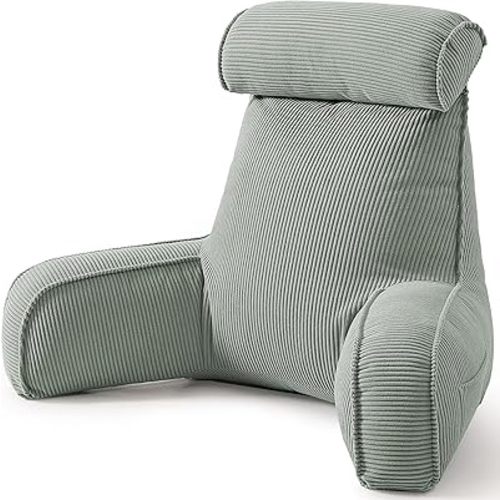 Corduroy Reading Pillow for Sitting Up, Bed Rest Pillow with Arms, Detachable Headrest, Side Pockets & Washable Cover, Back Support for Sofa Couch Relaxing, Grey Green