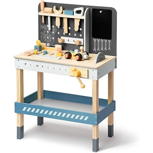 ROBOTIME Kids Tool Bench, Wooden Toy Tool Bench with Realistic Tools and Electric Drill, Kids Workbench for Kids Pretend Play Learning, Toddler Tool Bench Gift for Boys & Girls Age 3-5 (Blue)
