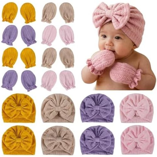 8 Sets Newborn Baby Hats & Mittens Cotton Preemie Infant Bow Beanies Caps Gloves Hospital New Born Boy Girl 0-3 Month