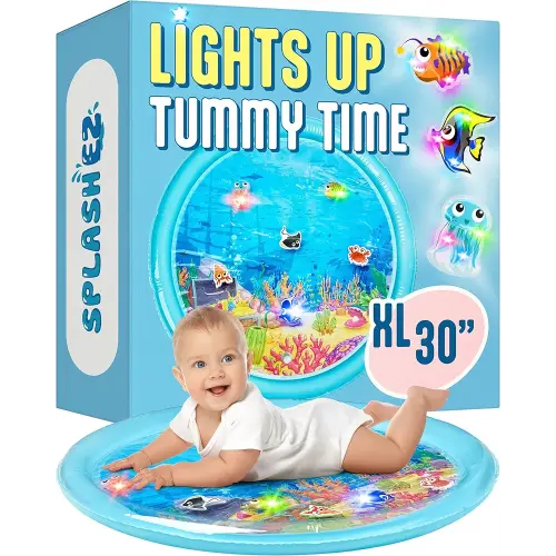 SplashEZ Lights Up Tummy Time Water Mat for Babies, 30" X-Large Baby Water Mat Tummy Time for Sensory Play with LED Glowing Fishes, Inflatable Fun Play Pad for Infants & Toddlers 3 to 36 mo