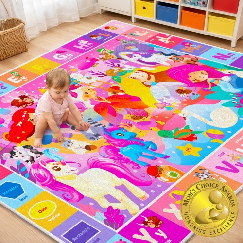 QUOKKA Playmats for Babies and Toddlers ABC Play Mat for Kids Baby Infants - Super Soft Plush Extra Thick (0.8cm) Large Alphabet Nursery Rug with Unicorn Princess - Padded Foldable Non-Slip Mat