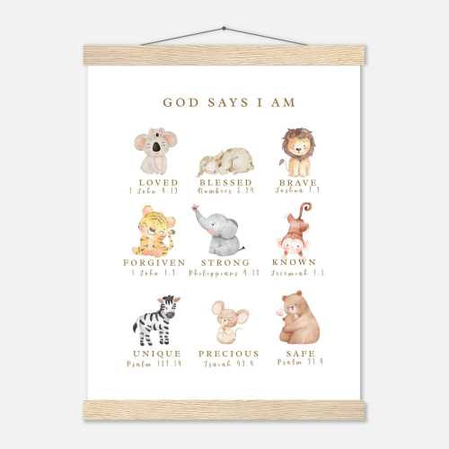God Says I Am Poster: Watercolor Baby Animal Nursery Decor with Hanger