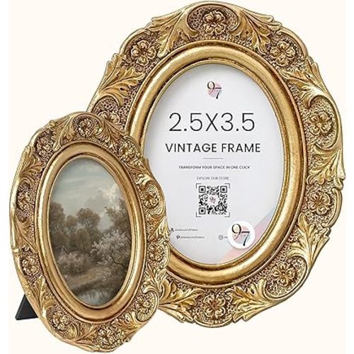 97 Decor Small Vintage Picture Frames 2.5x3.5 - Oval 2.5 x 3.5 Picture Frames For Wallet Size Pictures, Antique Gold Frame 2.5x3.5 For Tabletop and Wall Mounting, Small Ornate Frame Vintage Wall Decor