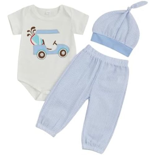 Newborn Boy Girl Golf Outfits Infant Baby 3Pcs Seersucker Clothes Golf Car Short Sleeve Romper and Striped Pants Set