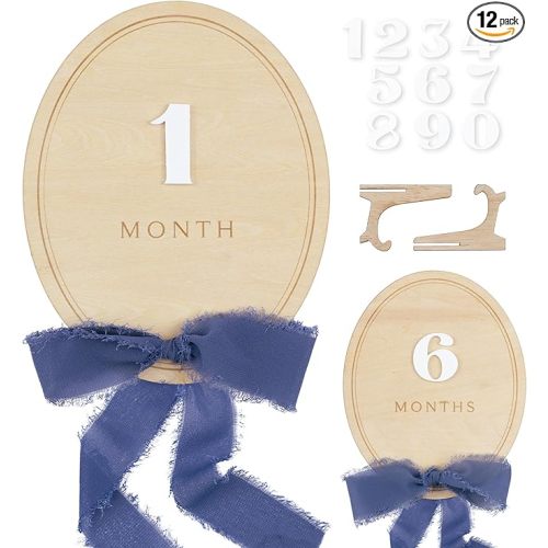 Daisy 3D Baby Monthly Milestone, Wooden Baby Milestone Signs, Monthly Milestone Wood Discs, Baby Milestone Discs (Navy Ribbon)