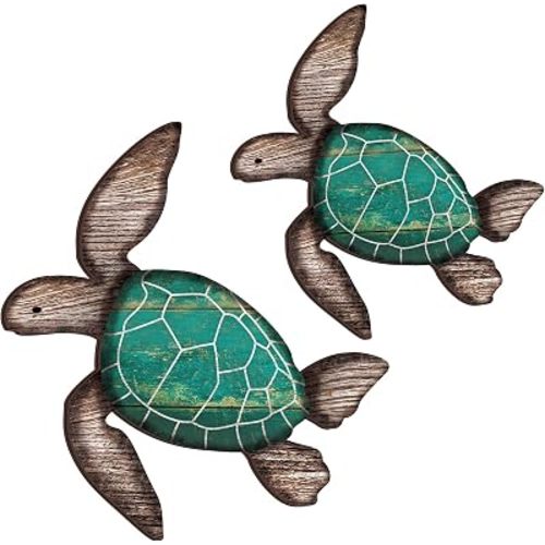 Roowest 2 Sizes Wooden Sea Turtle Wall Decor Farmhouse Ocean Turtle wall art Beach Theme Vintage Coastal Hanging Decoration for Home Lake House Bathroom(Green)