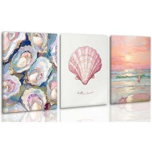 3 Pcs Pink Beach shells Oyster Coastal canvas Wall art Posters Prints Pink Sailboat Summer Painting Aesthetic Room Wall Decor Preppy Room Pictures for Girls Room bedroom bathroom Girls Dorm Home 16x24In(Stretched Canvas On A Wooden Frame)
