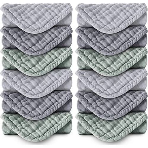 MOON PARK Baby Washcloths, 12 Pack - 12x12 Inches, Small Burp Cloths and Baby Wipes - 100% Cotton Muslin Ultra Soft for Newborn, Infant and Toddlers - Grey, Green and Slate