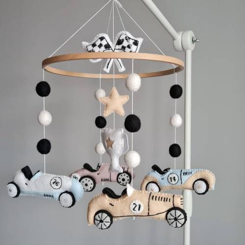 Racing cars baby mobile, Retro car nursery decor, Baby boy shower gift, Felt hanging mobile handmade