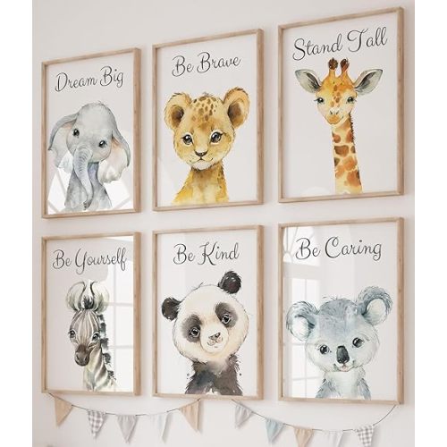 Baby Safari Animals for Girl or Boy Nursery Bedroom, Set of 6 Unframed Wall Art Prints, Jungle Portrait Quote Posters, Nursery Decor Gift, Giraffe Elephant Lion, Stand Tall Dream Big Be Brave (8x10)