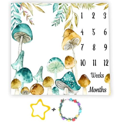 Mushroom Theme Baby Monthly Milestone Blanket Floral, Teal Mustard, 48x48in