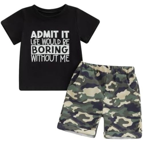 wdehow Toddler Kids Baby Boy Summer Clothes Sets 1T 2T 3T 4T 5T Letter Print Short Sleeve Tops Camouflage Shorts Outfits