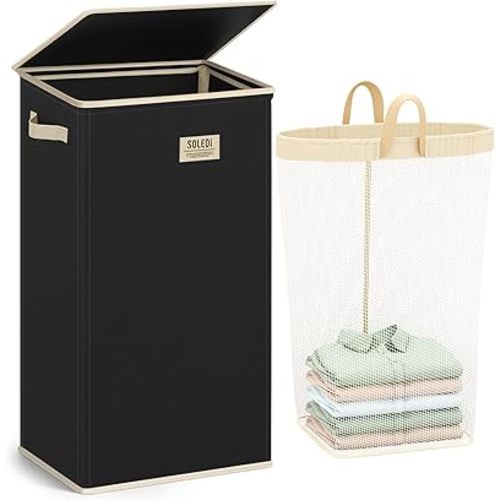 SOLEDI Laundry Hamper with Lid 100L Large & Tall Collapsible Laundry Basket, Clothes Hamper with Bag Removable Easy to Carry, Dirty Hampers for Bedroom, Bathroom, Dorm, College, Pitch Black