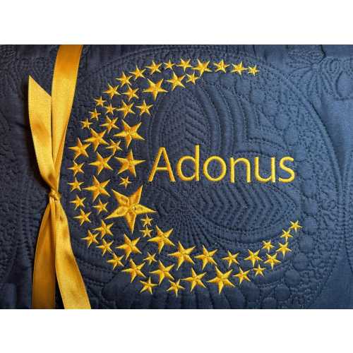 Heirloom Quilt/Navy with Gold Stars and Name Added. 36”x45”