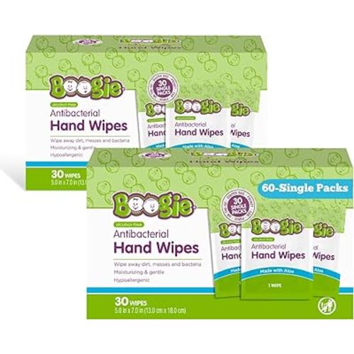 Boogie Antibacterial Hand Wipes, Alcohol Free, Hypoallergenic and Moisturizing Aloe, For Kids and Adults - 30 Wipes (Pack of 2)