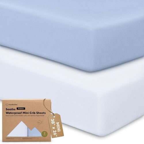 2 Pack and Play Sheets, Waterproof Mini Crib Sheets Fitted - 38x26 Organic Cotton Pack N Play Sheets for Graco Pack and Play Mattress, Playard Baby Crib Sheets,Neutral for Boy,Girl,Toddler(Blue Flax)