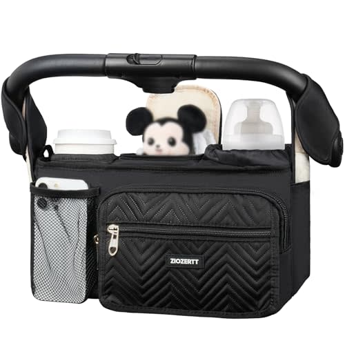 ZIOZERTT Universal Stroller Organizer with Insulated Cup Holder,Stroller Caddy Bag with Wet Wipes Pocket,Stroller Accessories Fits for Uppababy,Doona,Jogger,Britax,Mompush,BoB Strollers,Black