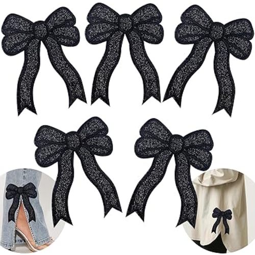 CY Iron On Patches Glitter 5Pcs Sweatshirt Side Bow Embroidered Patch Cute Sequin Applique Sew On Fabric Patches Shiny DIY Decorative Accessories Lovely for Girls Women Clothes Backpacks Jackets,Black