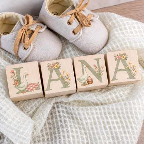 Silly Goose at a Picnic Alphabet Wood Blocks with Monogram Letters Personalized/ Sage Green Neutral Nursery Decor/ Unique Baby Shower Gift