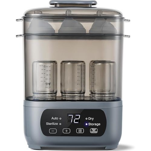 4-in-1 Baby Bottle Steamer and Dryer, Electric Steamer with Fast Drying, Universal Fit for All Bottles, LED Touch Screen & Auto Shut-Off Protection (Grey)