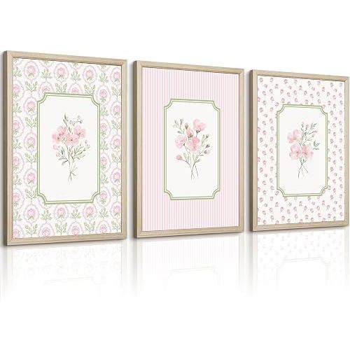 Pink Floral Wall Art Nursery Flower Canvas Wall Decor Baby Girl Wildflower Pictures Aesthetic Striped Botanical Poster Prints Pink Green Floral Painting Artwork for Girl Room 16x24 Inch Framed 3Pcs