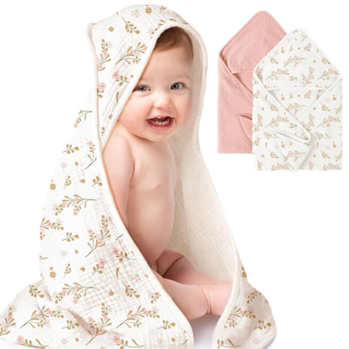 Konssy 2-Pack Muslin Hooded Baby Towels, 100% Cotton, Ultra-Soft & Absorbent Baby Bath Towels with Hood for Newborn & Infant (Pink, Floral,30" x 30")