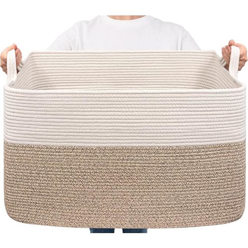 Goodpick Extra Large Woven Blanket Basket, 23.6" x 15.7" x 13.8" Storage Organizer for Blankets, Toys, Dirty Clothes, Rectangle Cotton Rope Basket for Living Room, Nursery, Bedroom