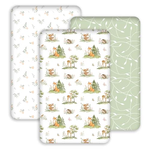 Baby Bassinet Sheets 33x20 for Newton,Airclub,Maxi Cosi,Angelbliss,Dream on Me,Mika,Harppa,Amke,ezebaby Rectangle Bassinet Mattress - Green Animalsl 3 Pack Girl & Boy