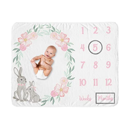 Sweet Jojo Designs Woodland Bunny Girl Milestone Blanket Monthly Newborn First Year Growth Mat Baby Shower Memory Keepsake Gift Picture - Blush Pink Mint Green Grey Boho Floral Watercolor Rose Flower