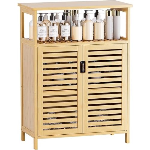 HITNET Bathroom Cabinet Freestanding, Bamboo Storage Cabinet 4-Tier Floor Cupboard with Door and Shelf for Bathroom, Kitchen, Hallway, Natural