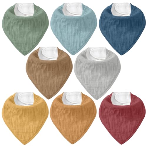 8 Pack Muslin Baby Bandana Bibs for Drooling and Teething | Absorbent Cotton Drool Bib for Baby Boy Girl, Easy Adjustable Bibs for Newborn Infants Toddlers, 0-36 Months, Neutral Colors