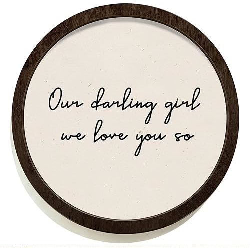 SkyCozy Girl Nursery Framed Wall Art Decor, Neutral Minimalist Our Darling Girl We Love You So Round Wooden Hanging Wall Decor for Baby Little Girls Room Bedroom Playroom, 10x10 Inch