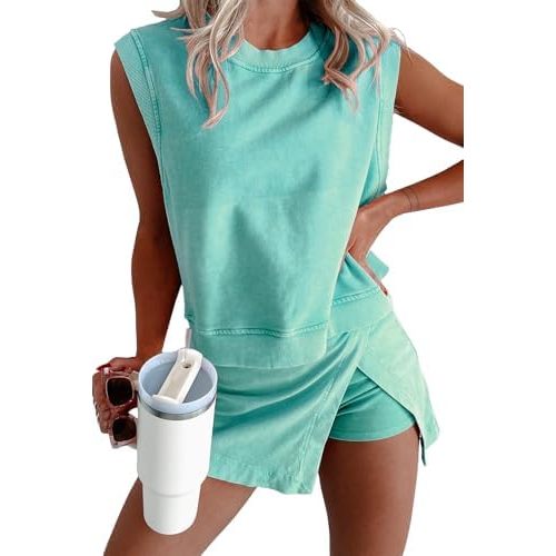 KevaMolly Womens Travel Outfits Summer Lounge Set Two Pieces Mineral Wash Cotton Tank Top Lined Split Athletic Skirt Set