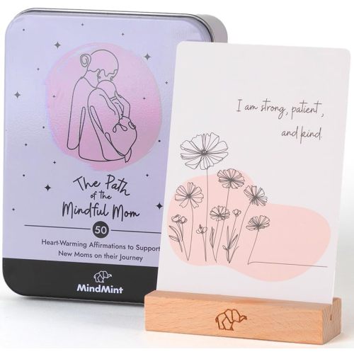 MindMint New Mom Affirmation Cards - 50 Postpartum Affirmation Cards for Women - Pregnancy & Self-Care Gifts for New Mom After Birth in Tin Box with Wooden Stand