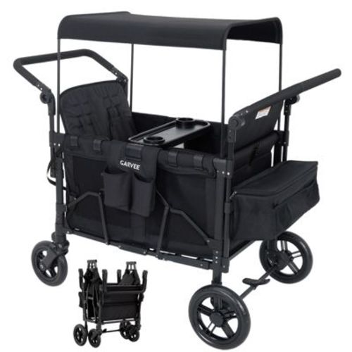 4 Seater Stroller Wagon for Kids,Foldable Wagon Stroller with Removable Canopy,Snack Tray,Adjustable Push/Pull Handle & Fold,Black