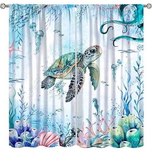 Turtle Ocean Curtains, Watercolor Cartoon Sea Animals Octopus Coral Shell Seahorse Jellyfish Window Treatments Drapes for Kids Boys Girls Bedroom Nursery Bathroom 42x45in（No Blackout）
