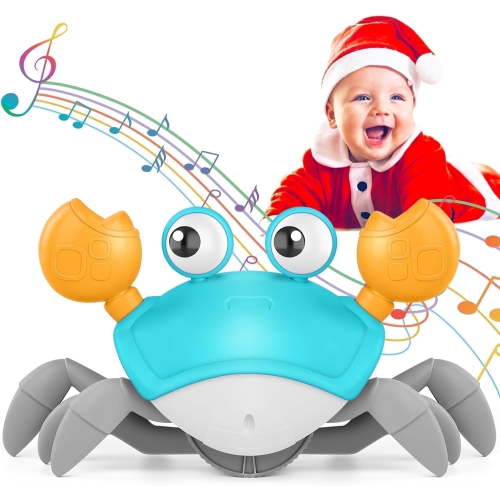 Lvelia Crawling Crab Baby Toy, Green Sensory Toddler Toy with Music, Light, Obstacle Avoidance, Rechargeable